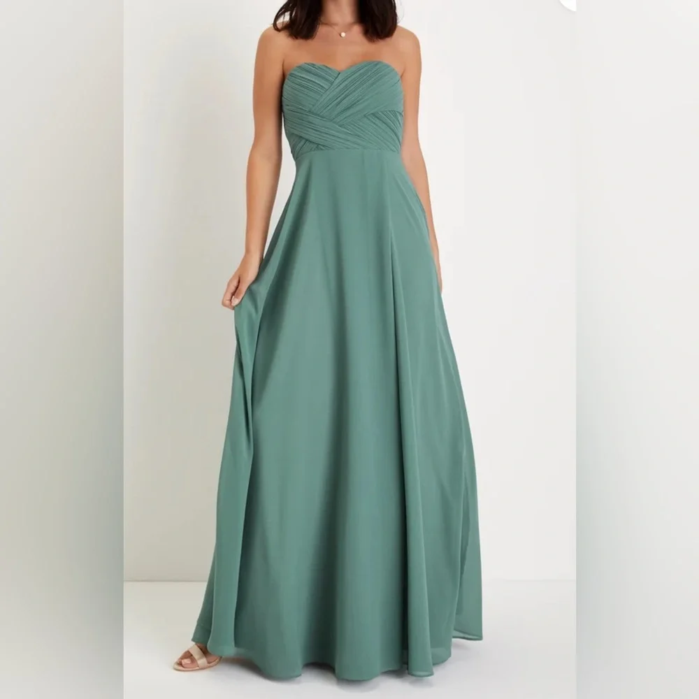 Lulu's Romantic Presence Sage Green Pleated Strapless Maxi Dress M - Picture 1 of 12